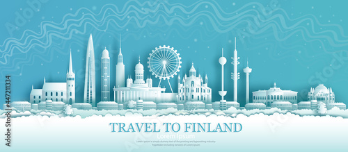 Finland architectural sights in Helsinki with Northern Lights background.