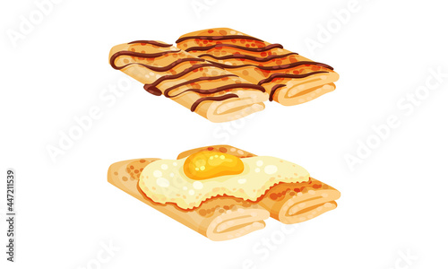 Sweet and Savory Crepe or Pancake Served with Chocolate and Scrambled Egg Vector Set