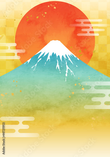 水彩の富士山と日の出のお正月のベクターイラスト背景(朝日,金,市松模様,テクスチャ,日本,年賀状素材,コピースペース)