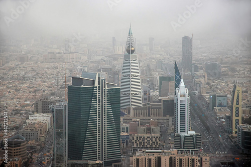 The view on downtown from Sky bridge in Kingdom Centre, Burj Al-Mamlaka in Riyadh, Saudi Arabia photo