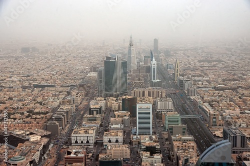 The view on downtown from Sky bridge in Kingdom Centre, Burj Al-Mamlaka in Riyadh, Saudi Arabia photo