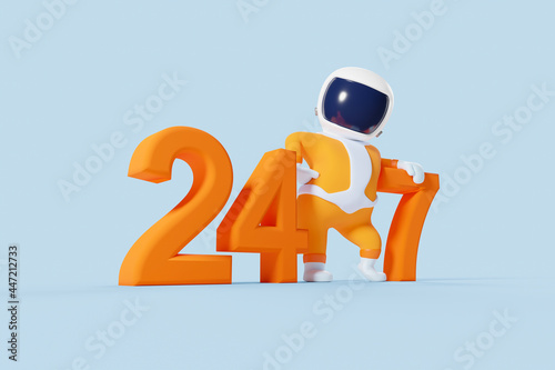3D cartoon space boy leaning on 24 7 text. 24hr customer service. 3D rendering. photo
