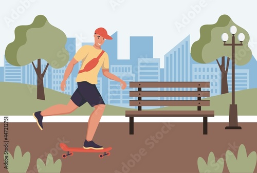 A young man or teenager rides a skateboard in the park. Flat vector illustration.