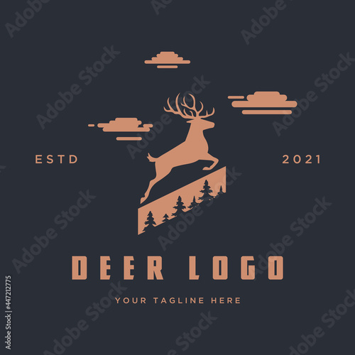 Vintage deer logo with forest illustration silhouette on black background. For brand or logo business