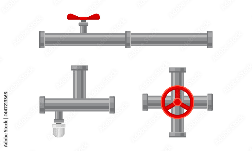 Fitting or Adapter for Connecting Straight Section of Pipe or Tube with Red Valves Vector Set Fitting or Adapter for Connecting Straight Section of Pipe or Tube with Red Valves Vector Set