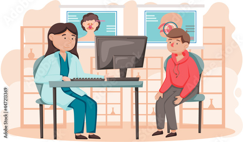 Otolaryngologist doctor with nose, ear and throat or ENT diagnostic and treatment instruments. Otology doctor with patient. Otorhinolaryngology healthcare medicine or otolaryngology diseases