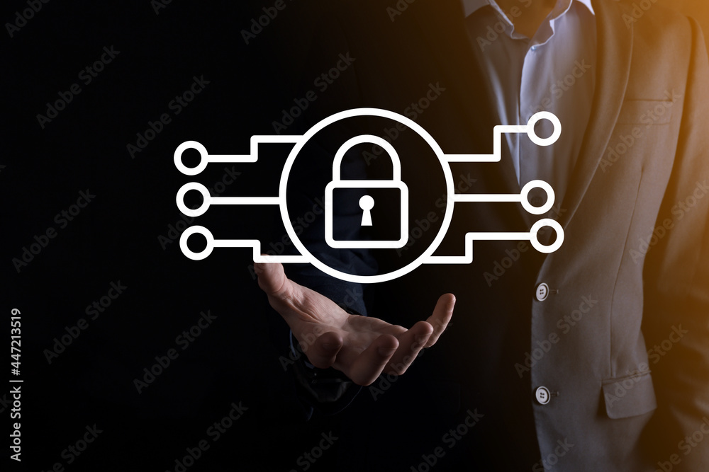 Cyber security network. Padlock icon and internet technology networking. Businessman protecting data personal information on tablet and virtual interface. Data protection privacy concept. GDPR. EU Cyber security network. Padlock icon and internet technology networking. Businessman protecting data personal information on tablet and virtual interface. Data protection privacy concept. GDPR. EU