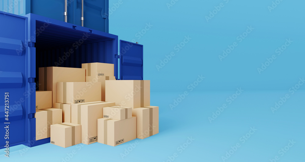 Brown box stacking and container box with copy space. Logistic and shipping business service. 3d illustration