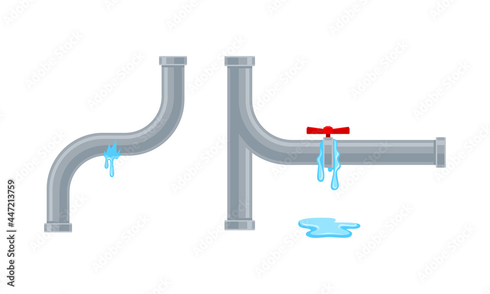 Leaking Water Pipe and Damaged Dripping Fitting Vector Set Leaking Water Pipe and Damaged Dripping Fitting Vector Set