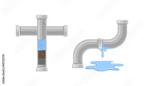 Leaking Water Pipe and Damaged Dripping Fitting Vector Set