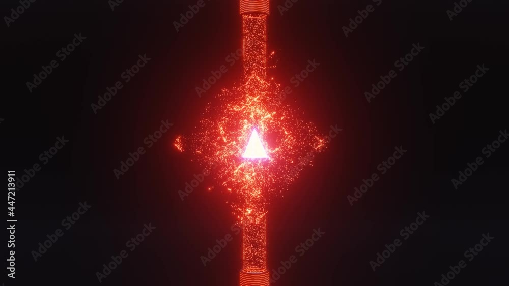 4K video of abstract red color energy particle forming sci-fi cube shape around a triangular energy source.   Seamless loop motion graphic animation of energy particles.
