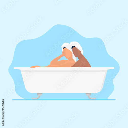 female couple bathe together with white towels on their heads in a bathtub. female couple  taking a bath vector illustration