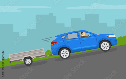 Fototapeta Naklejka Na Ścianę i Meble -  Blue suv car towing a trailer on a grade. City hill view. Flat vector illustration template.