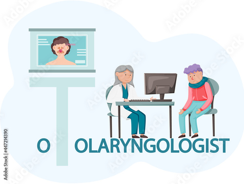 Otolaryngologist examining young patient in clinic. Medical treatment and healthcare concept, consultation and diagnosis. Doctor advises sick person, prescribes therapy and treatment for disease,