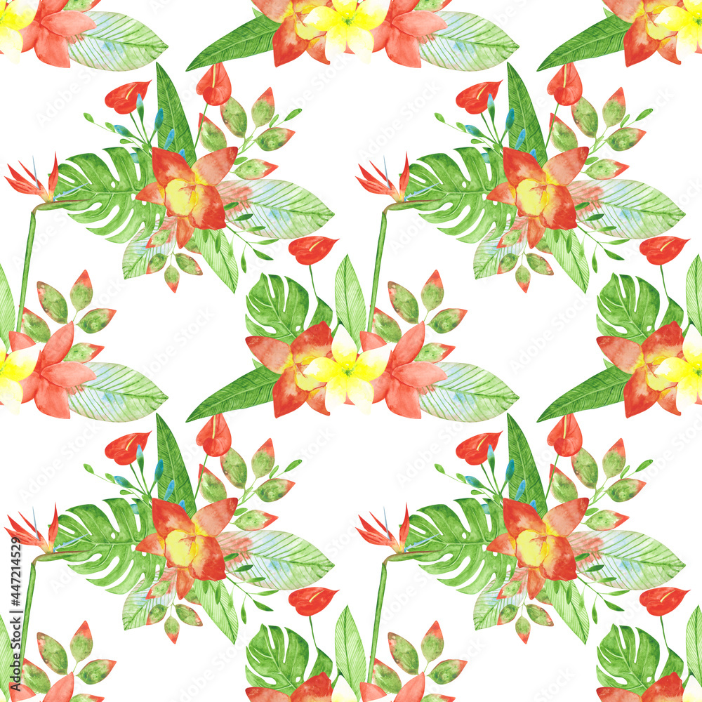 Watercolor bouquet of exotic flowers seamless pattern on a white background. Orchid, strelitzia, monstera, anthurium on an endless print. Hand-drawn tropical floral illustration.