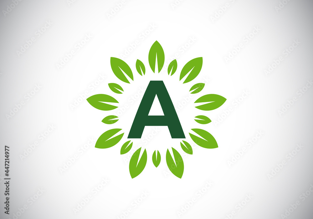 Initial A monogram letter alphabet with leaf wreath. Green leaf, flower logo design concept. Modern vector logo design for business, and company identity. Initial A monogram letter alphabet with leaf wreath. Green leaf, flower logo design concept. Modern vector logo design for business, and company identity.