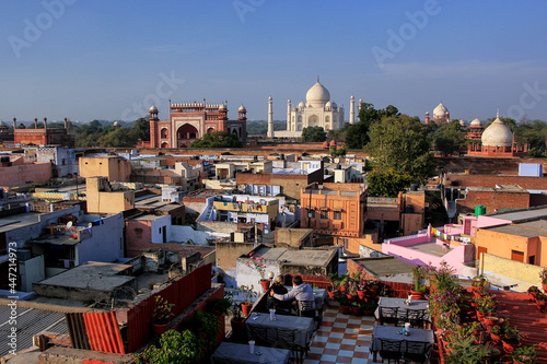 View of Taj Mahal from the rooftop restaurant in Taj Ganj neighborhood in Agra, India