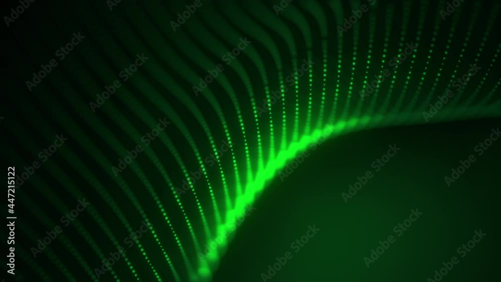 Abstract animation visual art technology glowing green dots 3D shape in the dark with space. 4K 3D seamless loop dynamic flow futuristic dots matrix motion for business, hi-tech, intro, background.