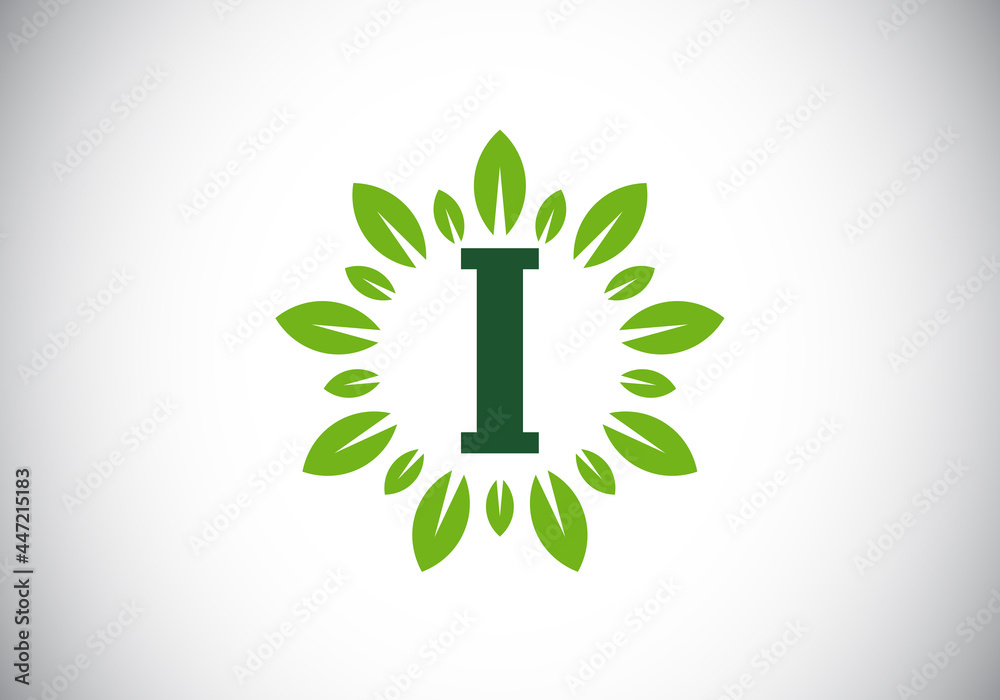 Initial I monogram letter alphabet with leaf wreath. Green leaf, flower logo design concept. Modern vector logo design for business, and company identity. Initial I monogram letter alphabet with leaf wreath. Green leaf, flower logo design concept. Modern vector logo design for business, and company identity.