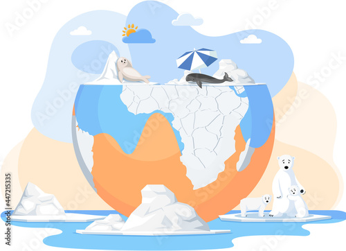 Animal extinction concept. Melting glaciers, global warming and climate change on Earth. Polar animals suffer from melting glaciers. Rising water levels due to climate change vector illustration