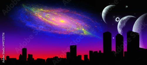 Futuristic city in the open Universe with unknown planets