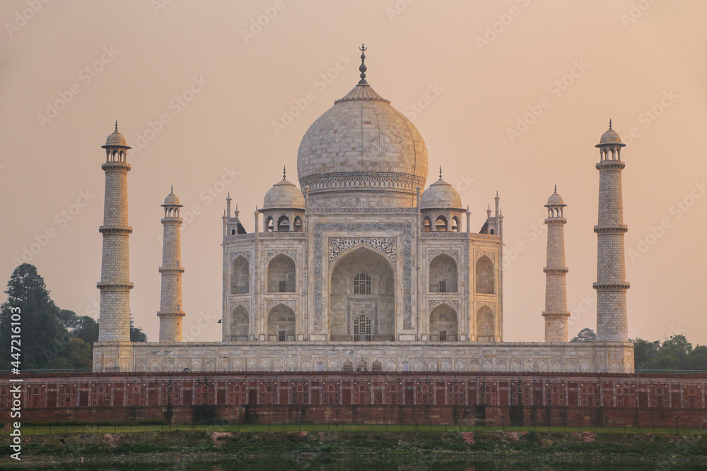 View of Taj Mahal from Mehtab Bagh garden in the evening, Agra, Uttar Pradesh, India