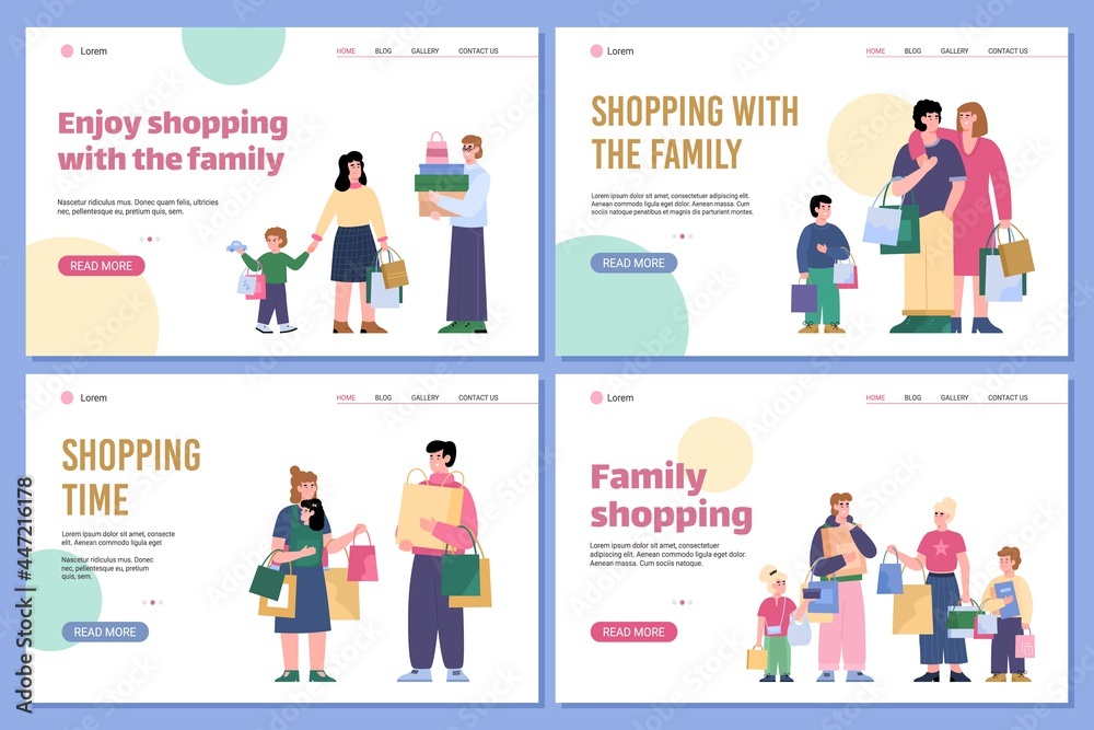 Happy family shoppers - couple man and woman with children hold shopping bags Happy family shoppers - couple man and woman with children hold shopping bags