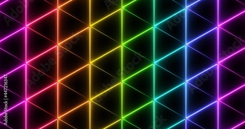 A pattern of rainbow neon triangles. Multicolored abstract colorful geometric background. Beautiful modern decorative screensaver.