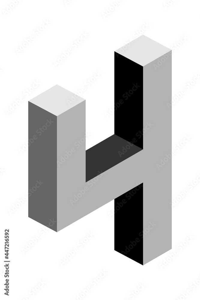 Gray number 4 in isometric style. Isolated on white background. Learning numbers, serial number, price, place. Gray number 4 in isometric style. Isolated on white background. Learning numbers, serial number, price, place.