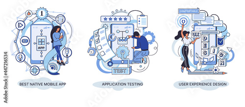 Abstract metaphor set. Mobile app development process. React best native mobile app, user interface, experience design, usability application testing, software architecture. User experience ux design