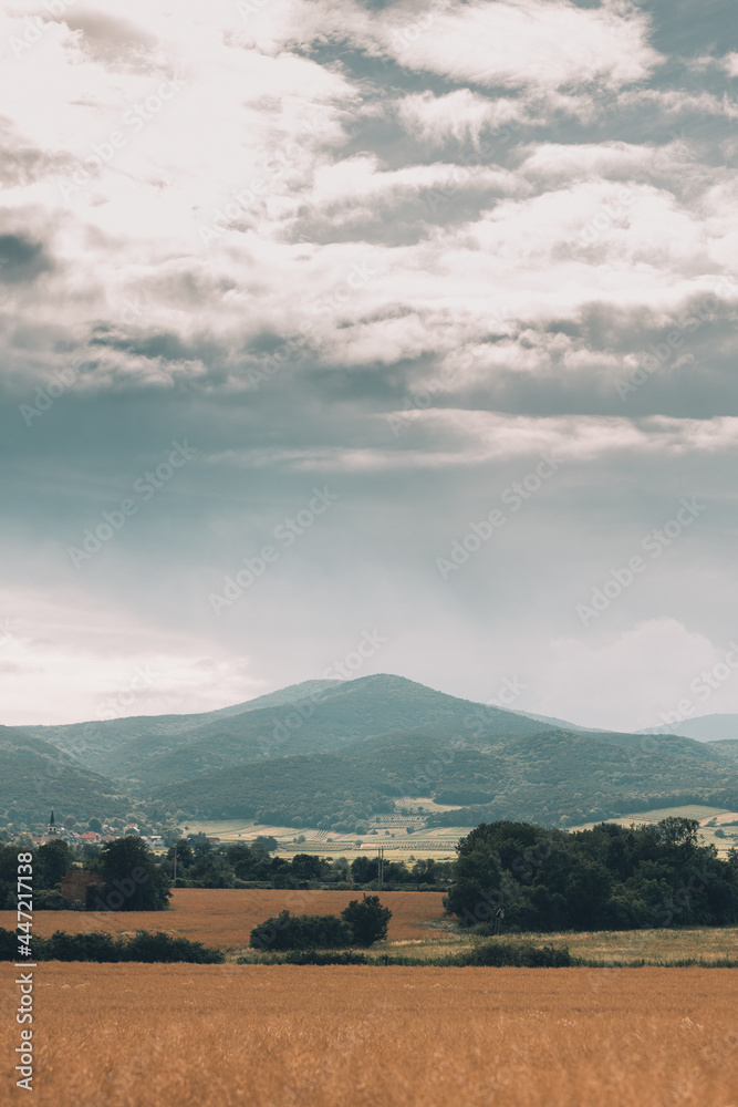 Landschaftsbild von einem Berg in Österreich Soss mit Feld im Vordergrund
