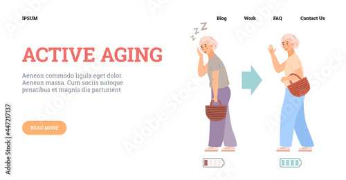 Active aging and activity of elderly people website, flat vector illustration.