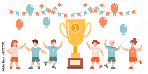 Cheerful happy children near huge trophy cup, flat vector illustration isolated.
