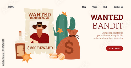 Web banner for wanted of american wild west bandit cowboy dead or alive.