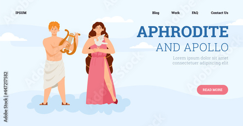 Vector webpage with goddess beauty Aphrodite and god light and patron arts apollo