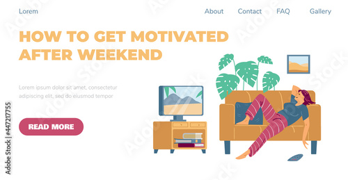 Web page with lazy young woman lying on couch and watching tv at home.