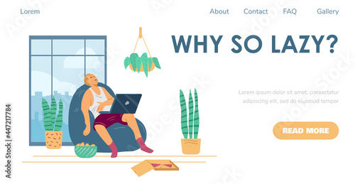 Website banner mockup with lazy man napping in chair, flat vector illustration.