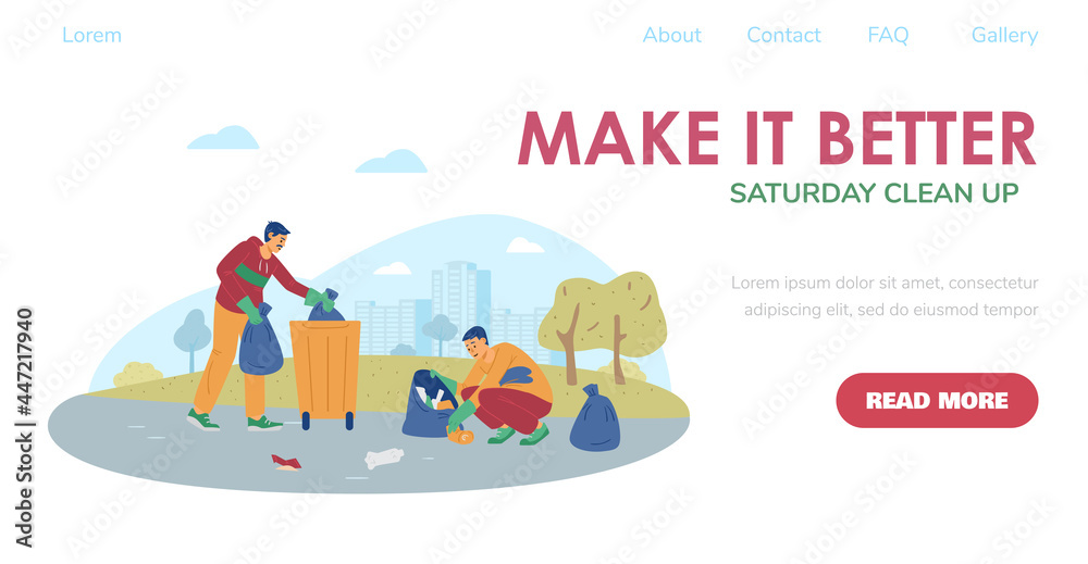 Website banner for streets and parks cleaning events, flat vector illustration.