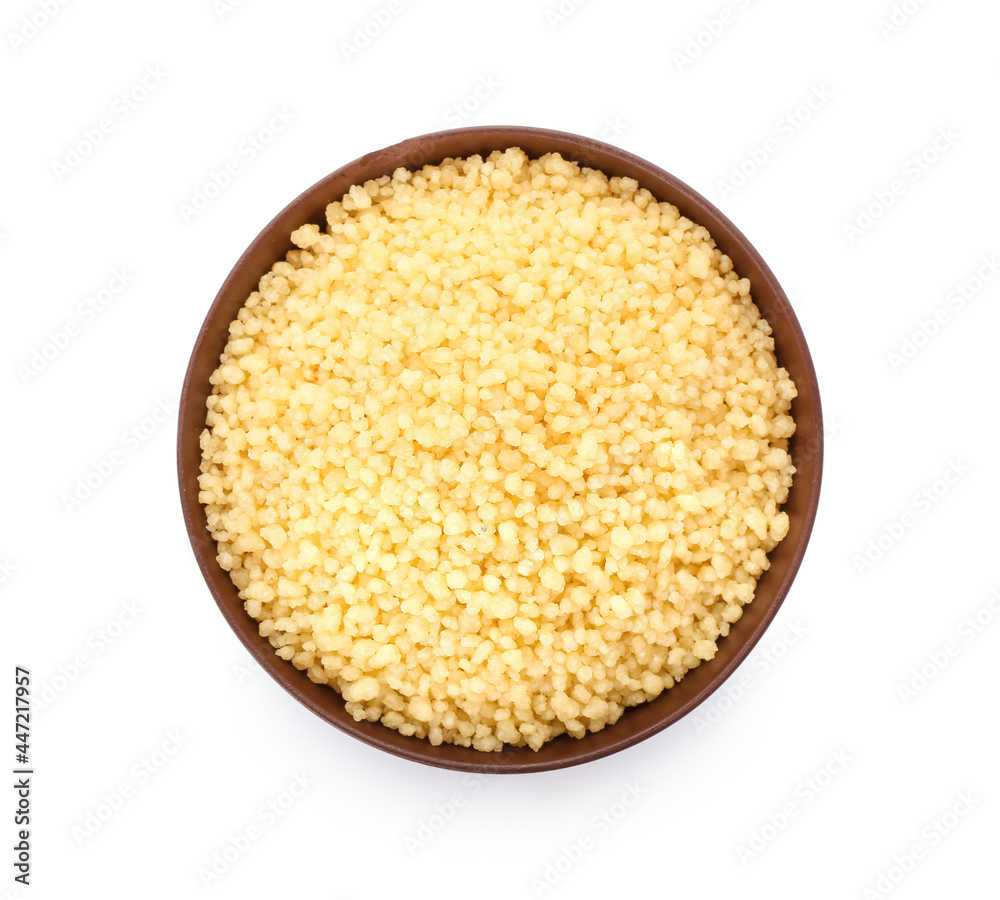 Bowl with raw couscous on white background Bowl with raw couscous on white background