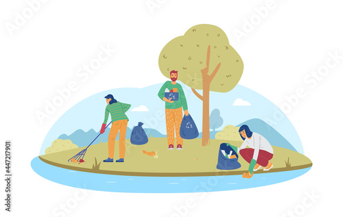 Parks and beach cleaning with volunteers, flat vector illustration isolated.