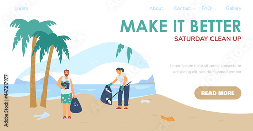 Web banner with young people clean up trash at ocean beach or sea coast.