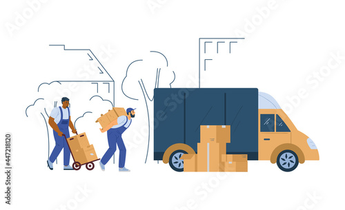Loaders or porters unloading furniture, flat vector illustration isolated.
