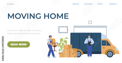 Moving Home company web banner with loaders, flat vector illustration.