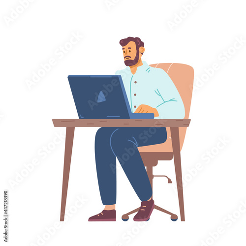 Business man work at desk with laptop computer in office or home.