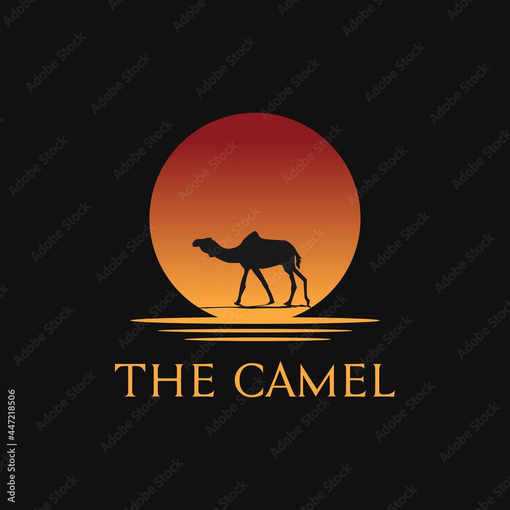 Fototapeta premium The Camel Silhouette at Beach Sunset Sun or Moon logo Design illustration