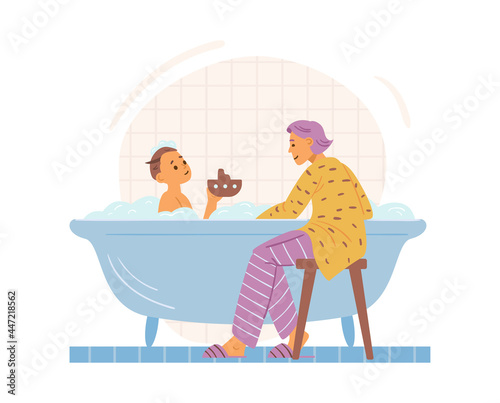 Mother playing with child in bathtub, flat vector illustration isolated.