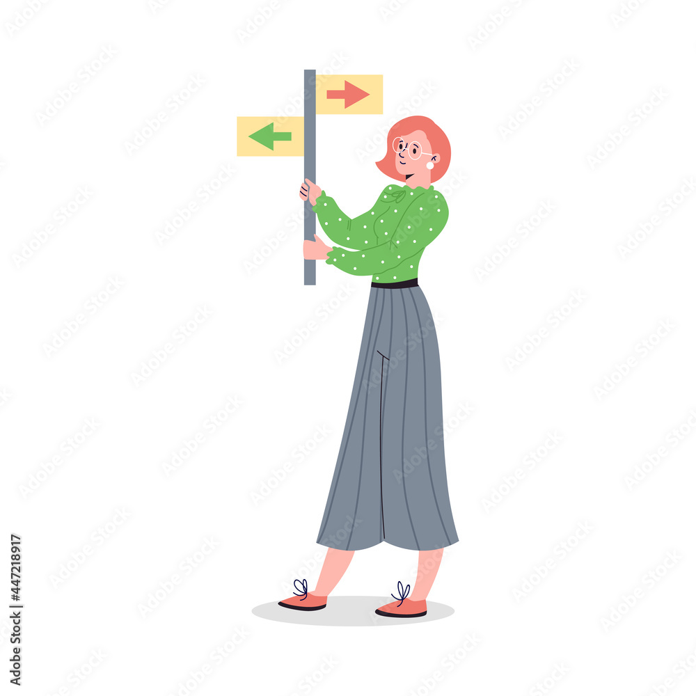 Woman holding direction signpost mark, cartoon vector illustration isolated. Woman holding direction signpost mark, cartoon vector illustration isolated.