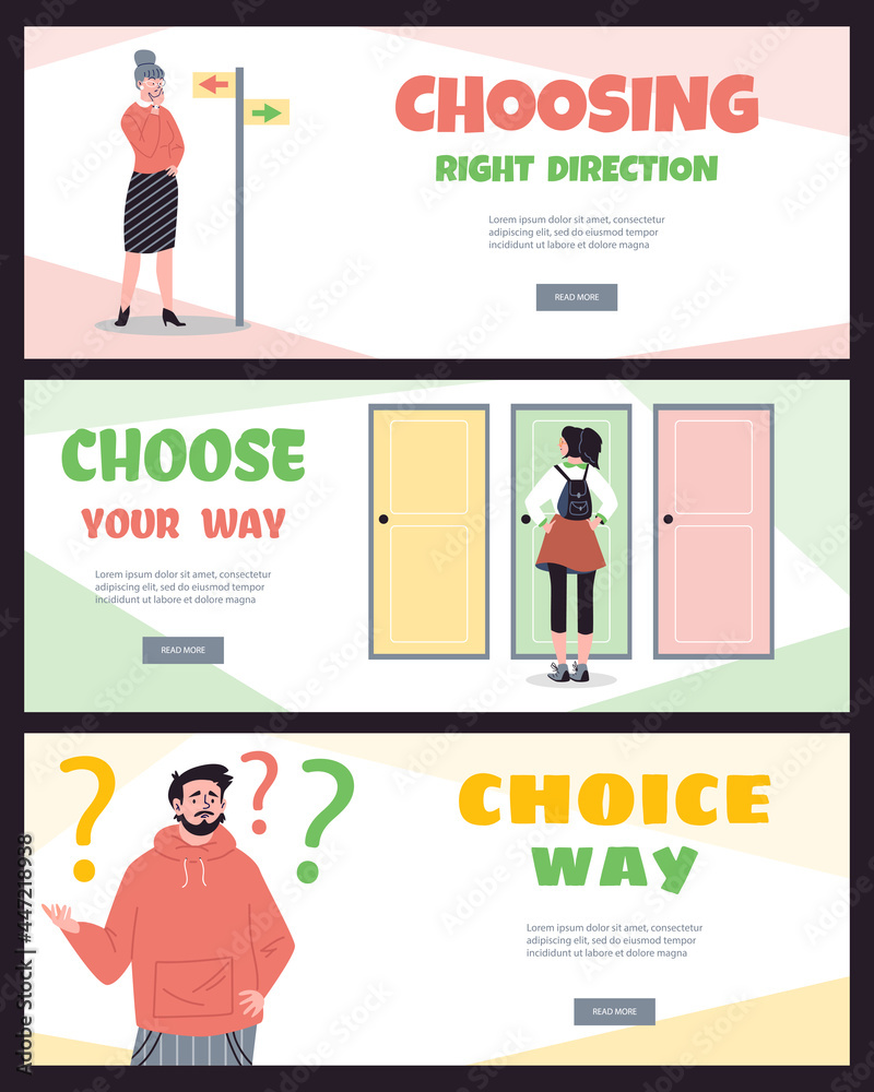 Set of web banner templates where people choose wrong, right direction, flat style Set of web banner templates where people choose wrong, right direction, flat style