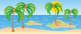 Tropical landscape, sea with islands and palm trees, sun, vector illustration, texture