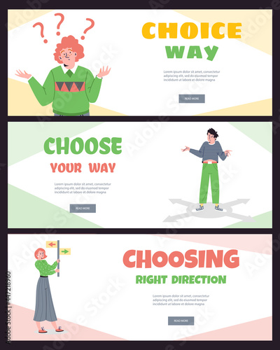 Set of web banner templates where people choose way, direction in flat cartoon style